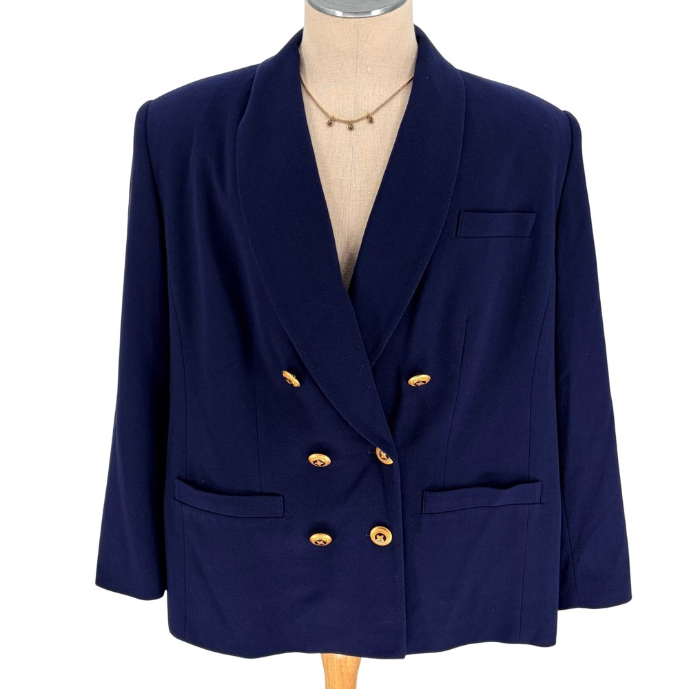En Avance Blazer 18 Navy Blue Double Breasted Shawl Collar Gold Crest Buttons